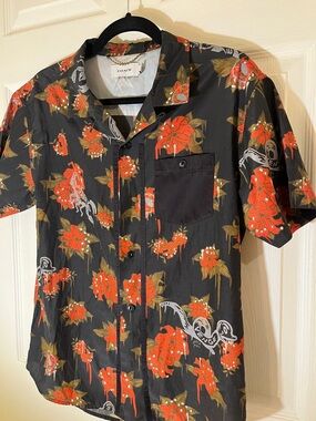 COACH Black Short-Sleeve Button-Down Shirt with Red Floral Print